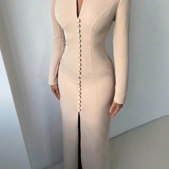 Khaki Elegant Women's Long Sleeve Formal Dress - Picture 5 of 7